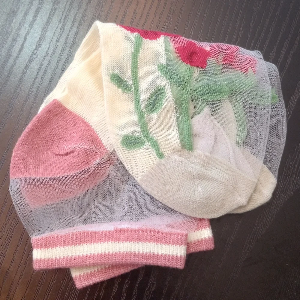 Sheer Socks with Red Floral Design Cream Maroon Spring Summer Lace Ankle Socks